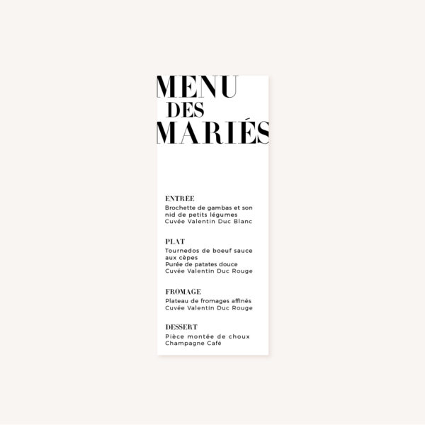 Menu individuel black and white noir et blanc moderne lettering innovant graphique