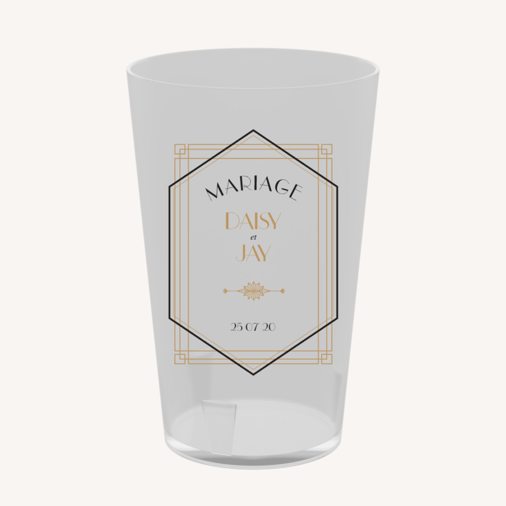 Écocup Gobelet réutilisable faire-part mariage or blanc noir gatsby art déco