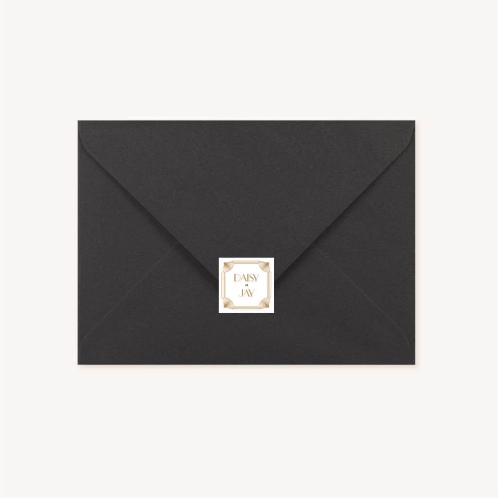 Étiquette adhésive personnalisée Faire-part mariage or blanc noir gatsby art déco