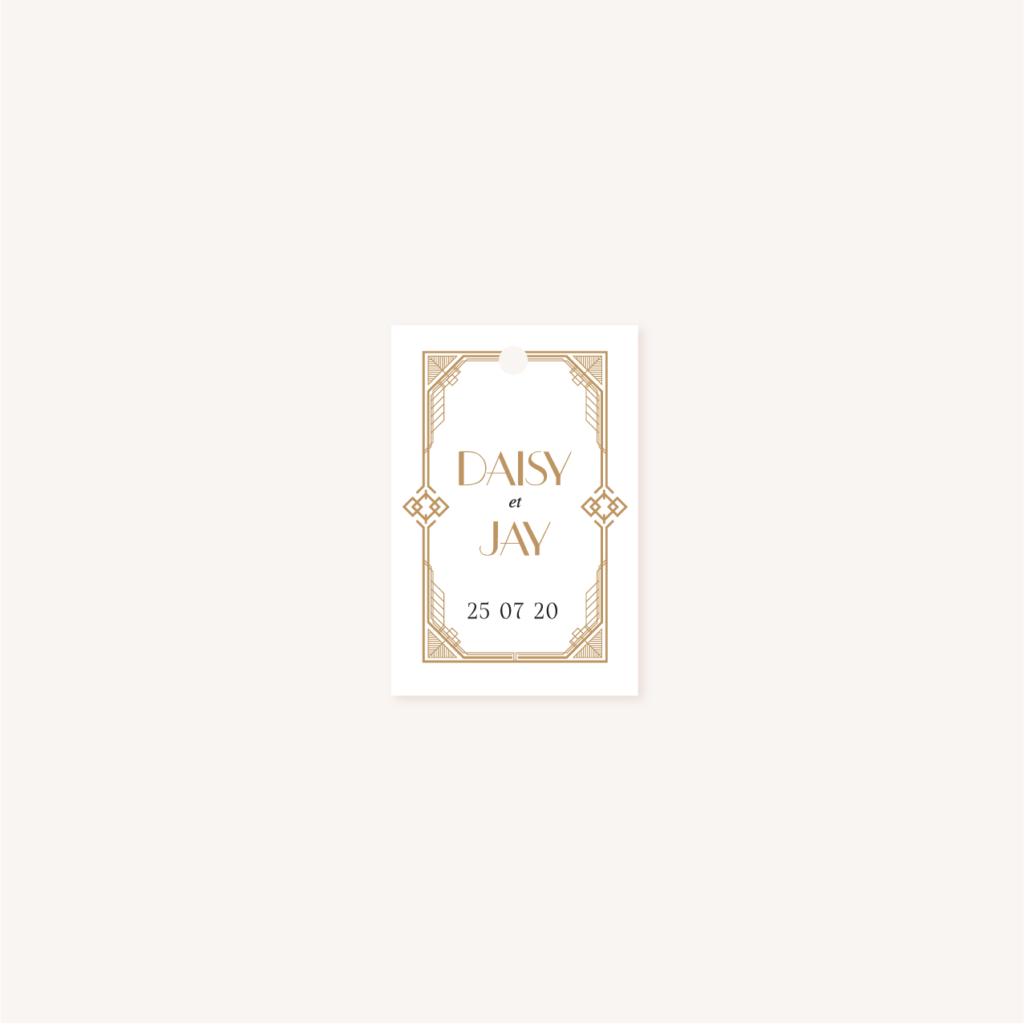 Faire-part Étiquette nom prénom mariage or blanc noir gatsby art déco