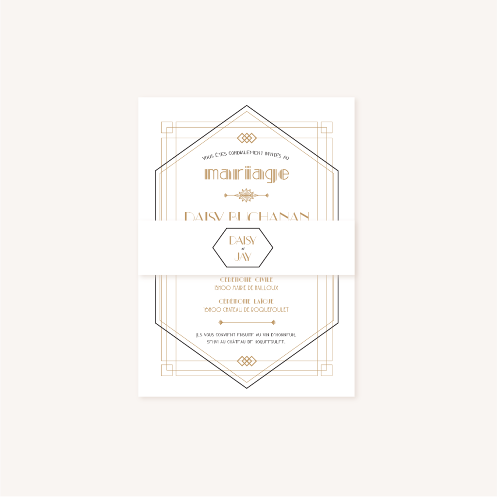 Faire-part mariage or blanc noir gatsby art déco