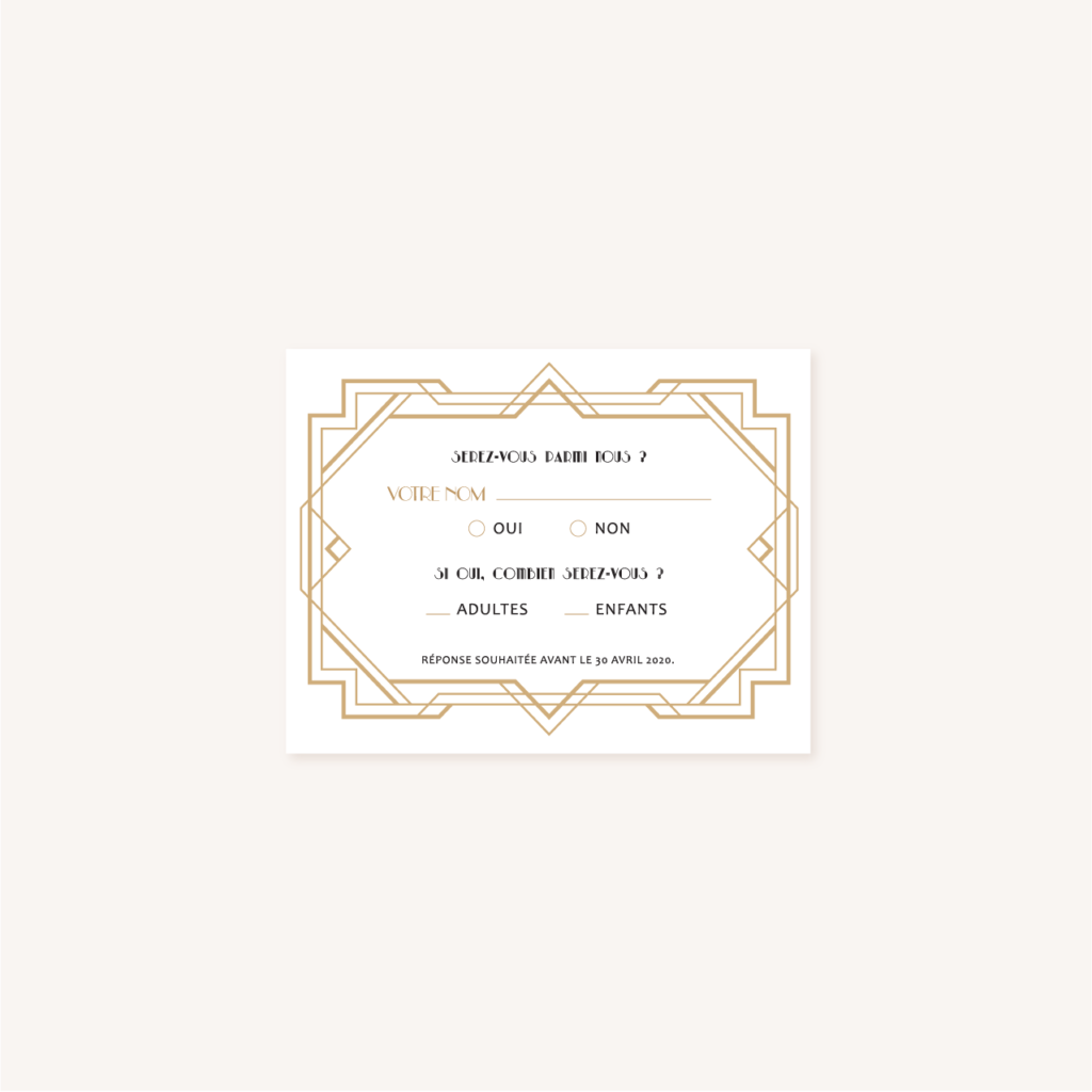 RSVP faire-part mariage or blanc noir gatsby art déco