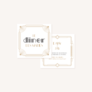 Dîner faire-part mariage or blanc noir gatsby art déco