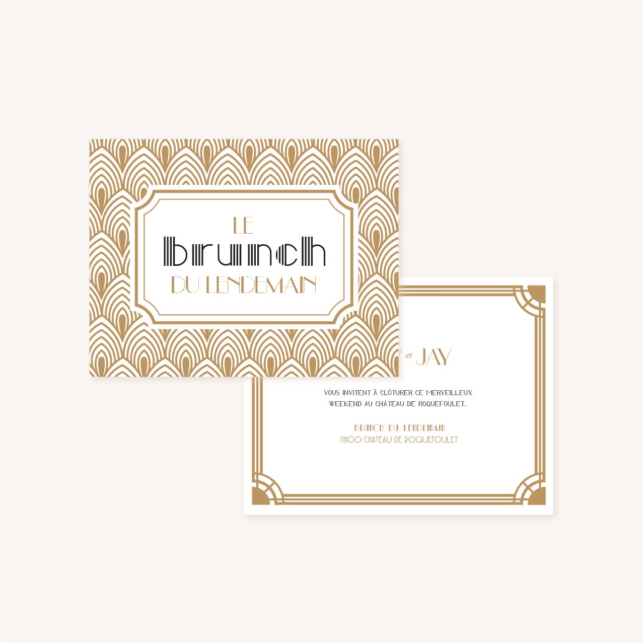 Carton brunch faire-part mariage or blanc noir gatsby art deco