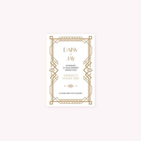 Save the date faire-part mariage or blanc noir gatsby art deco