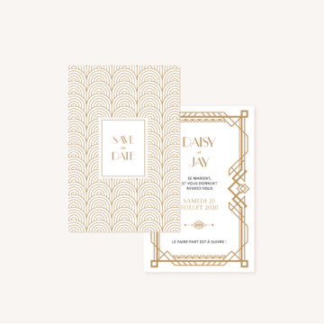 Save the date faire-part mariage or blanc noir gatsby art deco