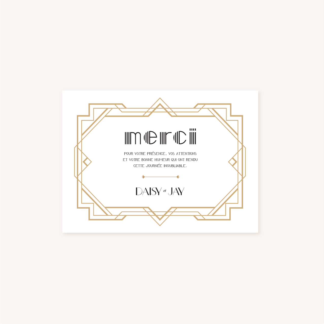 Carte remerciements photo faire-part mariage or blanc noir gatsby art déco