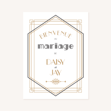 Panneau accueil faire-part mariage or blanc noir gatsby art déco