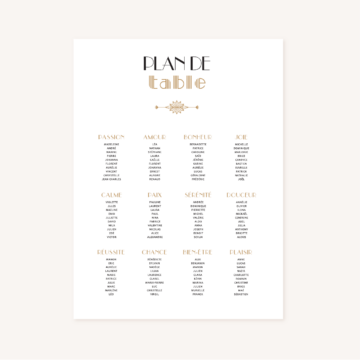 Plan de table faire-part mariage or blanc noir gatsby art déco