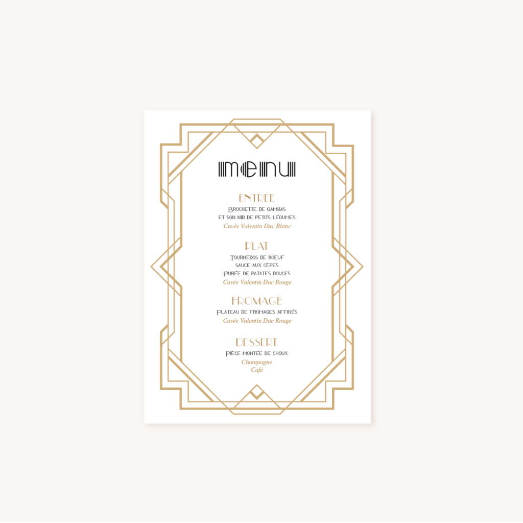 Menu faire-part mariage or blanc noir gatsby art déco