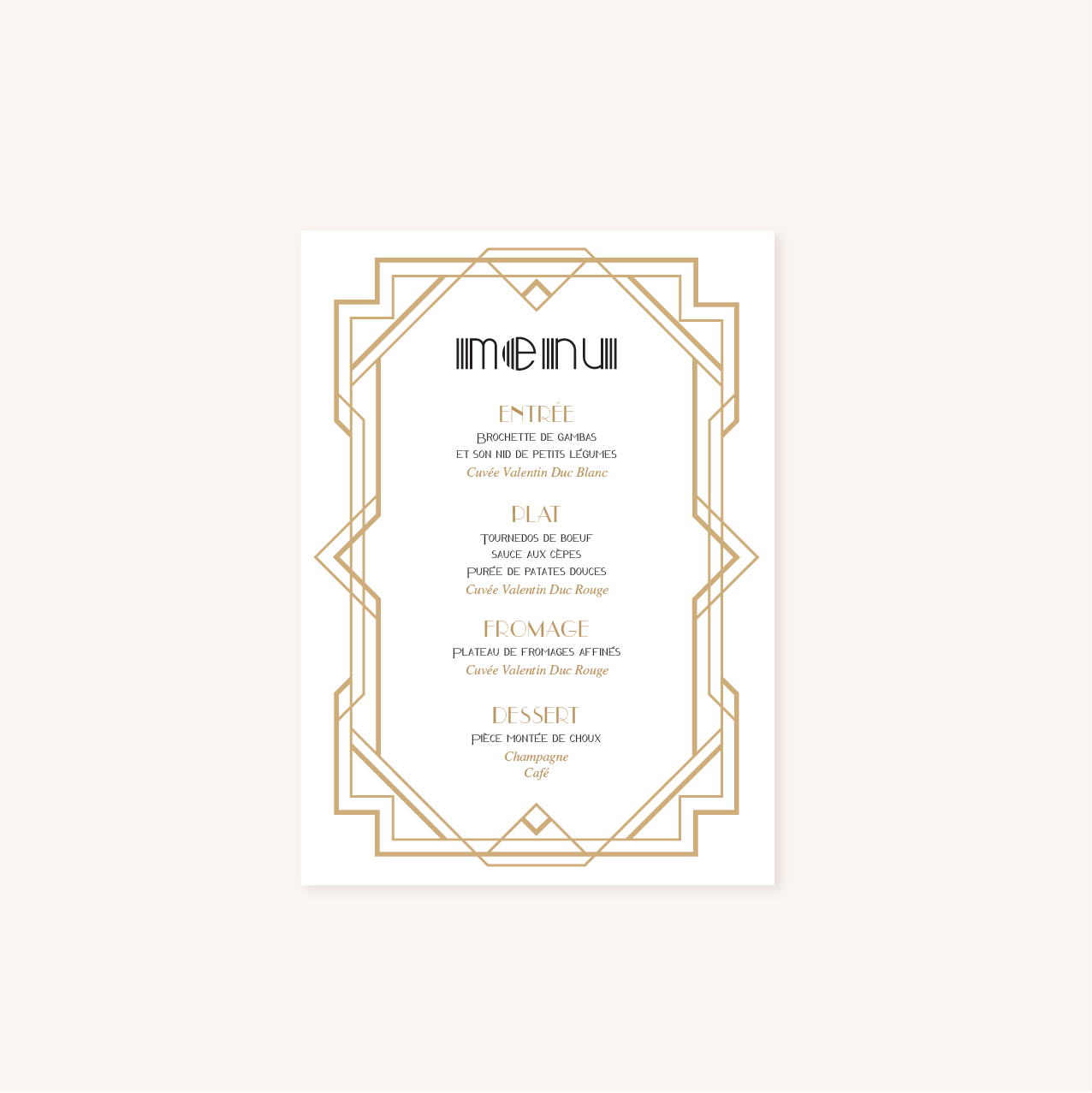 Menu faire-part mariage or blanc noir gatsby art déco