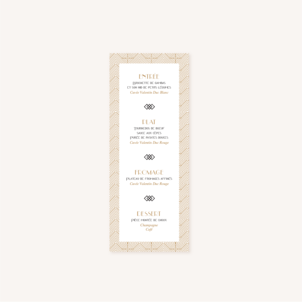 Menu individuel faire-part mariage or blanc noir gatsby art déco