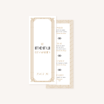 Menu individuel faire-part mariage or blanc noir gatsby art déco