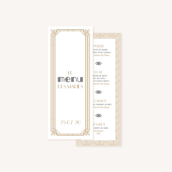 Menu individuel faire-part mariage or blanc noir gatsby art déco