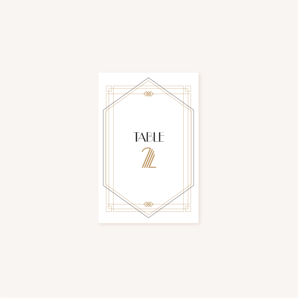 Nom de table faire-part mariage or blanc noir gatsby art déco