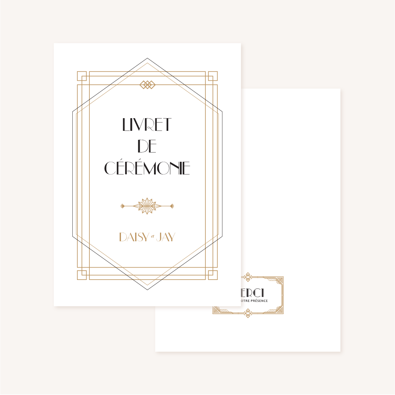 Livret de cérémonie faire-part mariage or blanc noir gatsby art déco