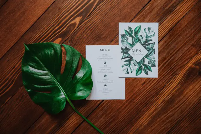 Menu mariage tropique feuillage vert et blanc