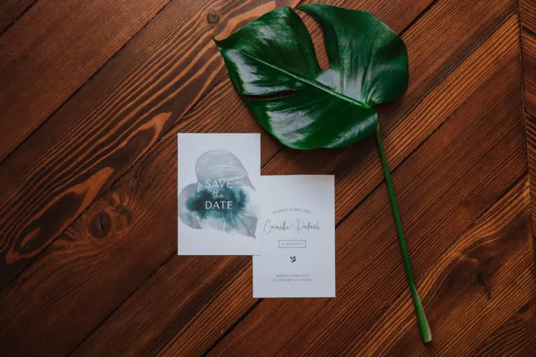 Save the date mariage tropique feuillage vert et blanc