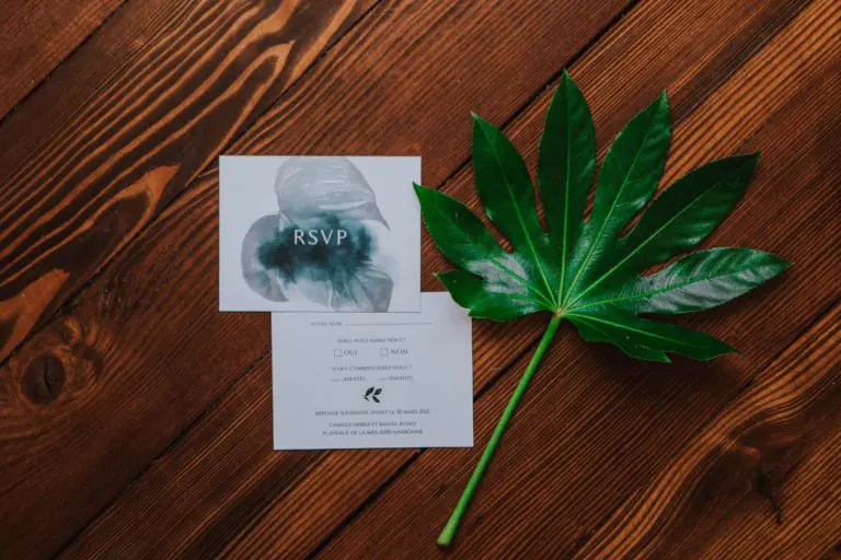 RSVP mariage tropique feuillage vert et blanc