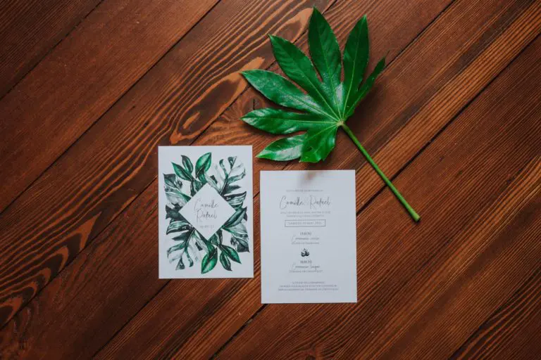 Faire-part mariage tropique feuillage vert et blanc