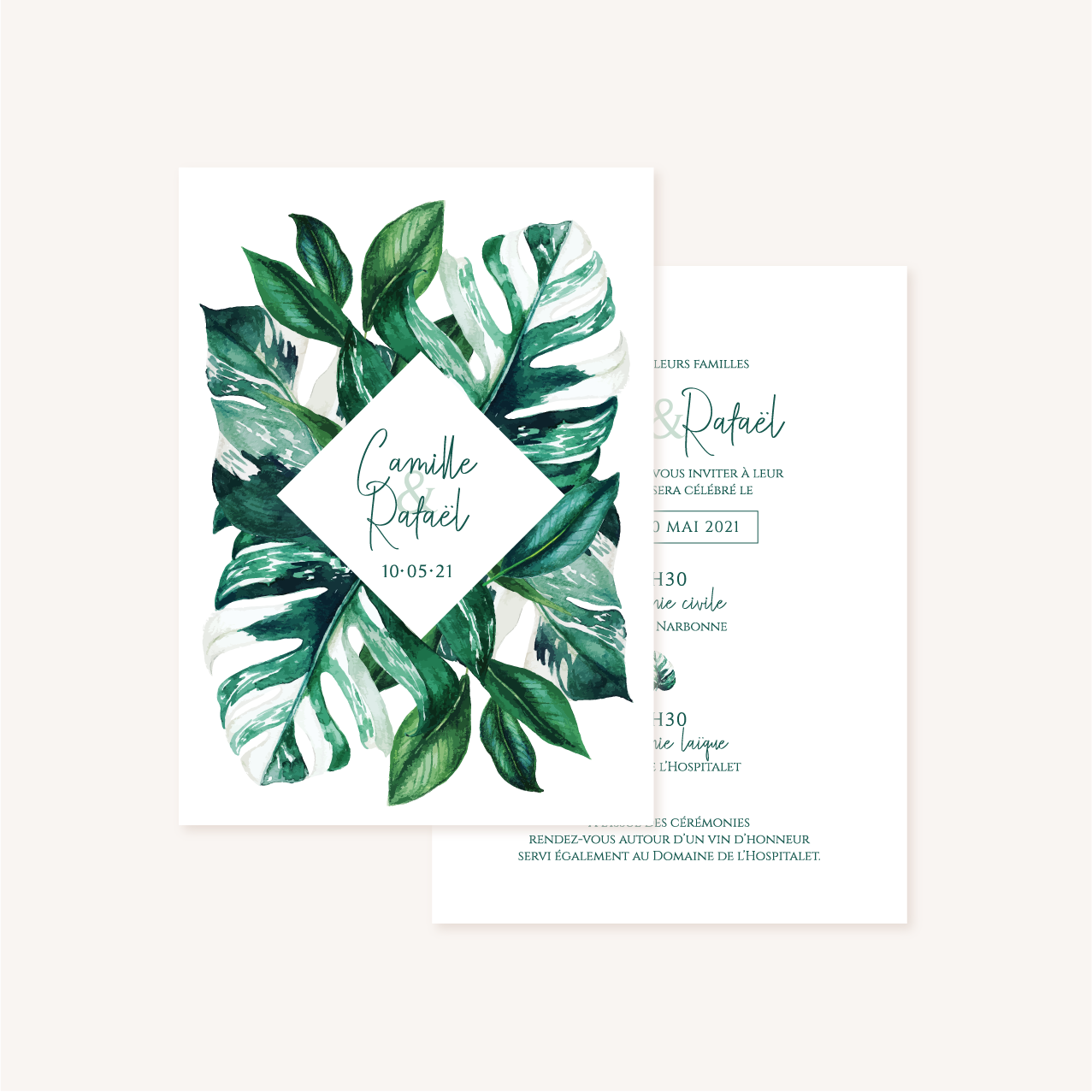 Faire-part mariage tropique feuillage vert et blanc