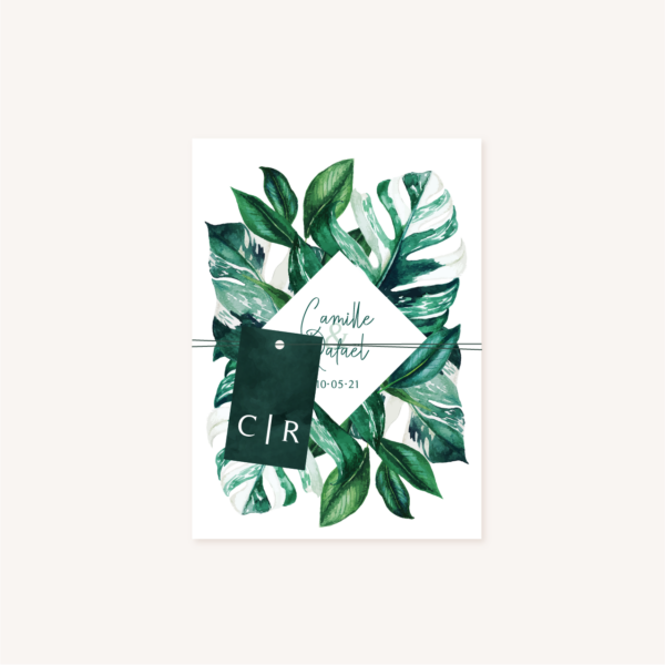 Étiquette papier mariage tropique feuillage vert et blanc à l'aquarelle