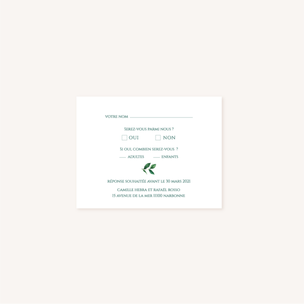 Carton RSVP mariage tropique feuillage vert et blanc