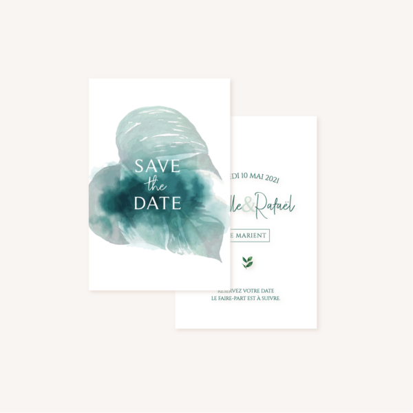Save the date mariage tropique feuillage vert et blanc à l'aquarelle