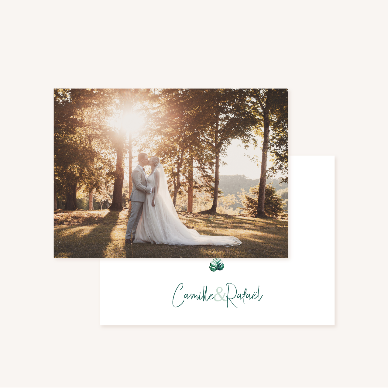 Carton remerciements mariage tropique feuillage vert et blanc à l'aquarelle