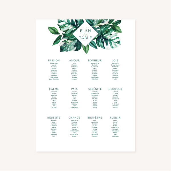 Panneau plan de table mariage tropique feuillage vert et blanc à l'aquarelle