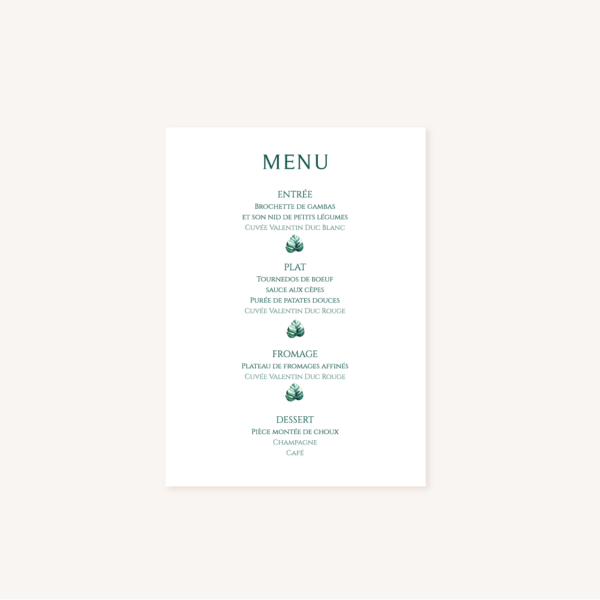 Menu mariage tropique feuillage vert et blanc à l'aquarelle