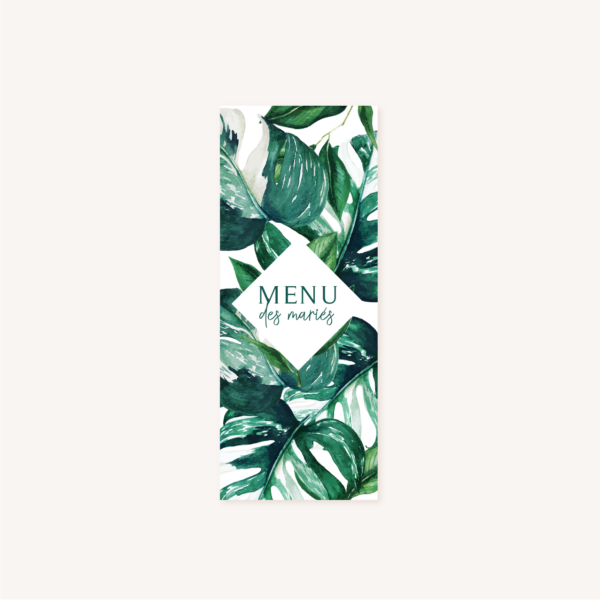 Menu individuel mariage tropique feuillage vert et blanc à l'aquarelle