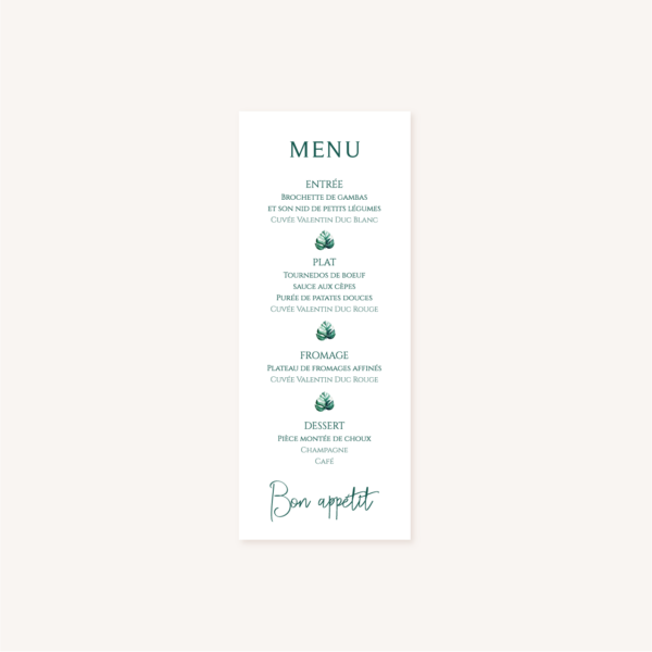 Menu individuel mariage tropique feuillage vert et blanc à l'aquarelle