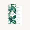 Menu individuel mariage tropique feuillage vert et blanc à l'aquarelle