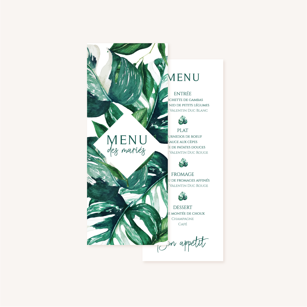 Menu individuel mariage tropique feuillage vert et blanc à l'aquarelle