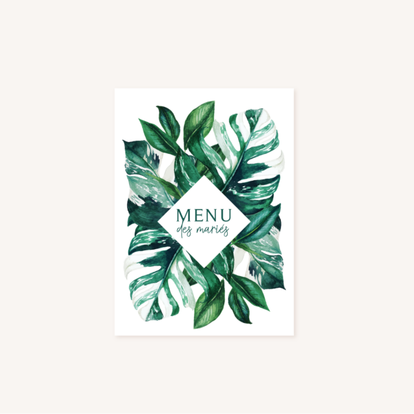 Menu mariage tropique feuillage vert et blanc à l'aquarelle