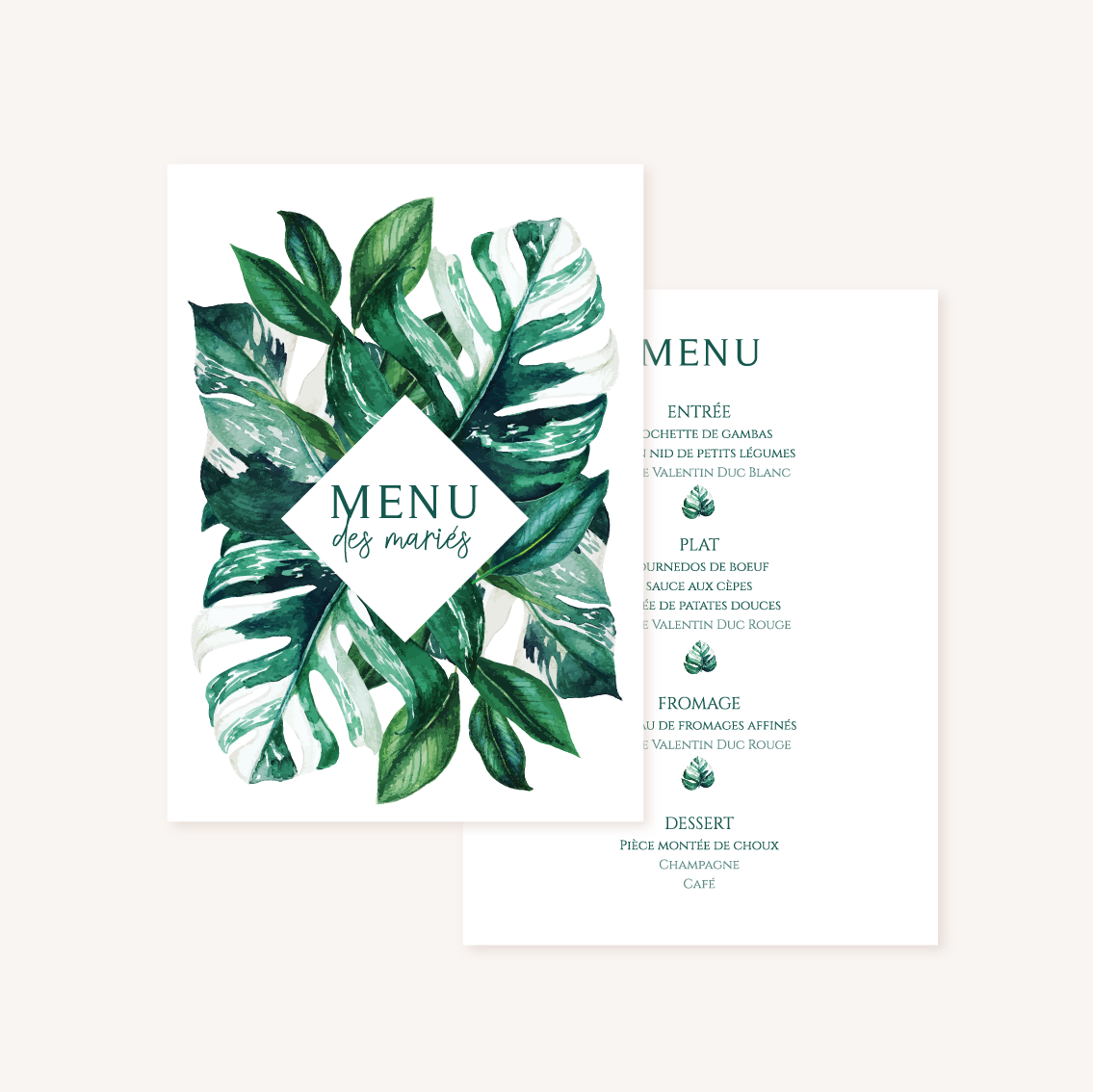 Menu mariage tropique feuillage vert et blanc à l'aquarelle