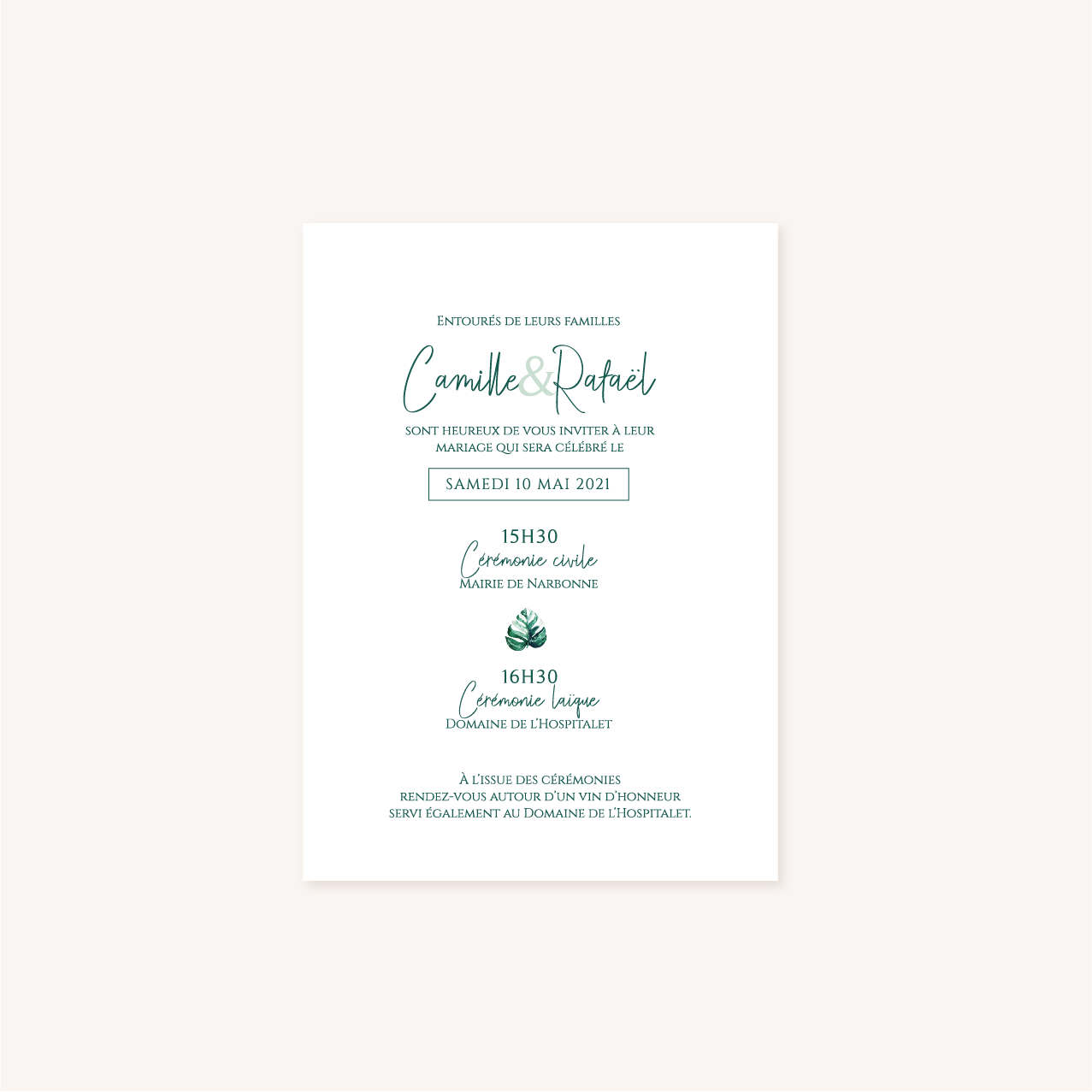 Faire-part mariage tropique feuillage vert et blanc
