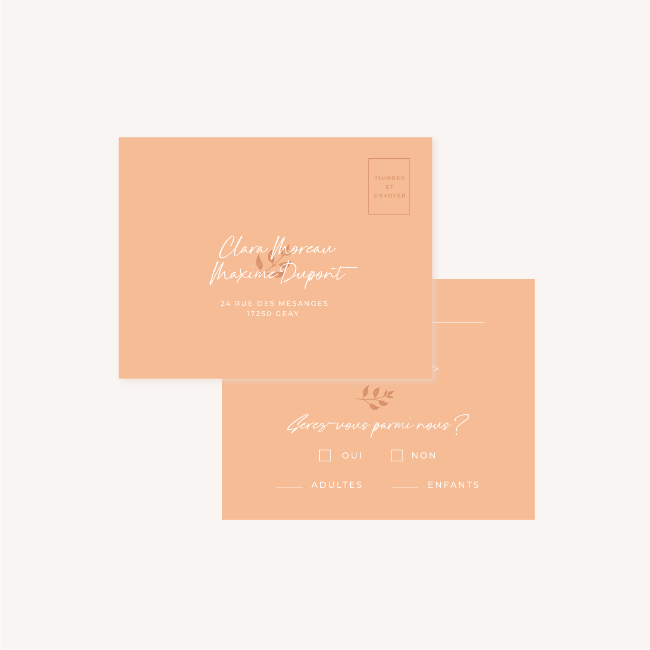 RSVP faire-part mariage terre de sienne terracotta marron nature boheme beige or