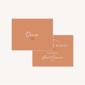 Diner faire-part mariage terre de sienne terracotta marron nature boheme beige or