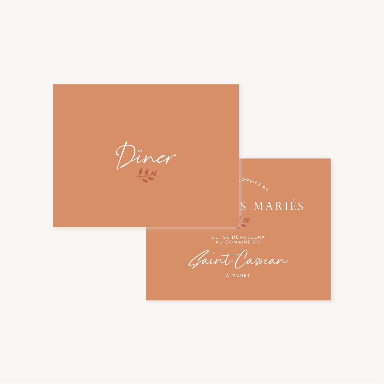 Diner faire-part mariage terre de sienne terracotta marron nature boheme beige or