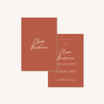 Save the date faire-part mariage terre de sienne terracotta marron nature boheme beige or