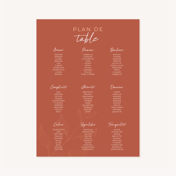 Plan de table mariage terre de sienne terracotta marron nature boheme beige or