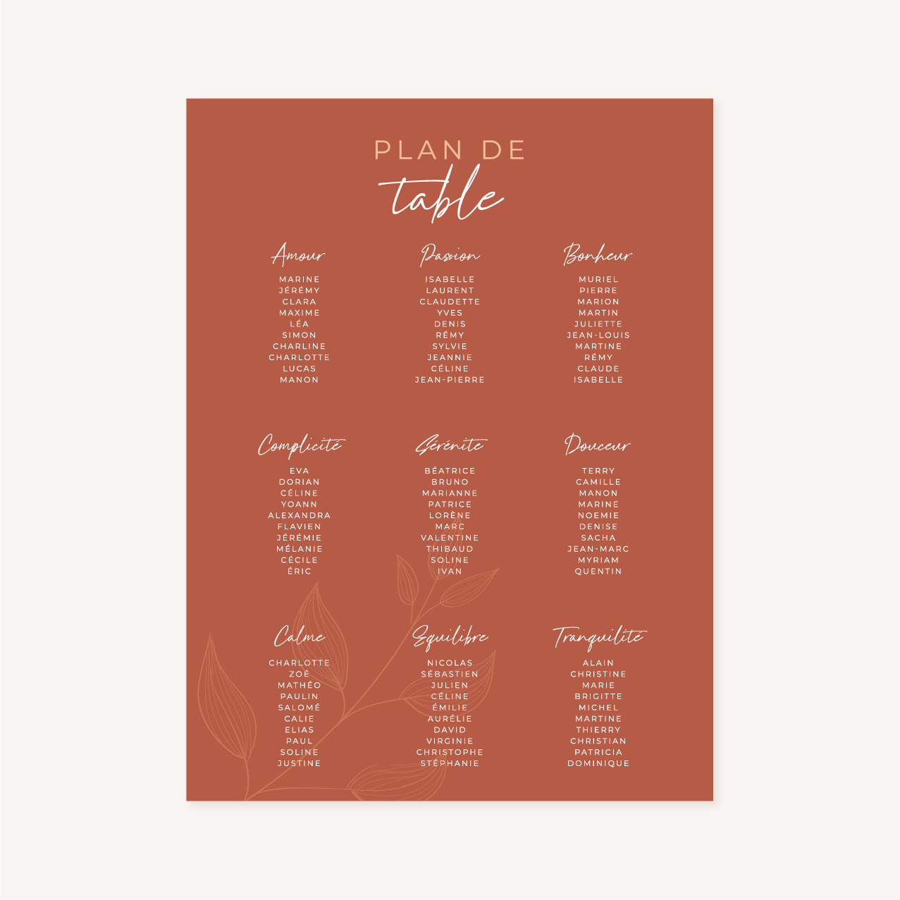 Plan de table mariage terre de sienne terracotta marron nature boheme beige or