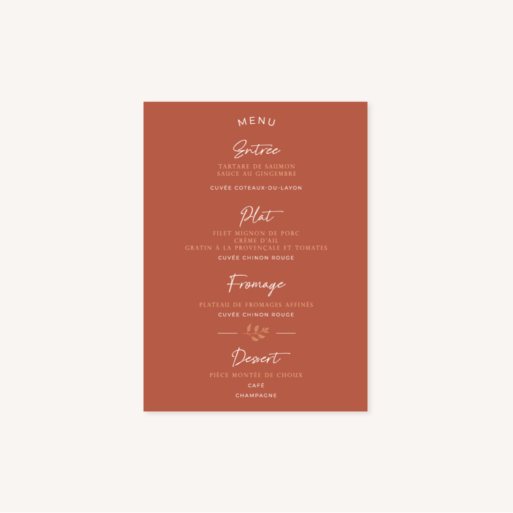 Menu mariage terre de sienne terracotta marron nature boheme beige or