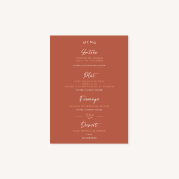 Menu mariage terre de sienne terracotta marron nature boheme beige or