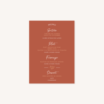 Menu mariage terre de sienne terracotta marron nature boheme beige or