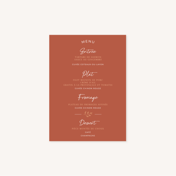 Menu mariage terre de sienne terracotta marron nature boheme beige or