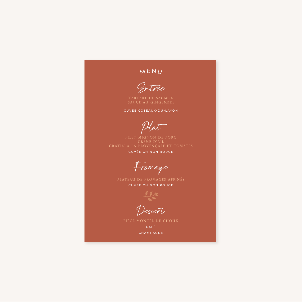 Menu mariage terre de sienne terracotta marron nature boheme beige or