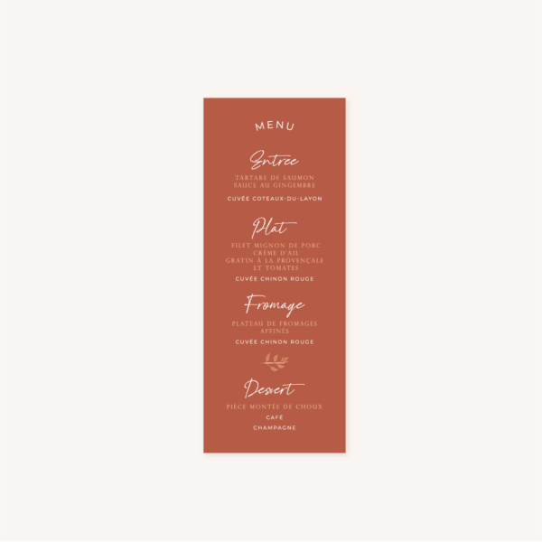 Menu individuel mariage terre de sienne terracotta marron nature boheme beige or